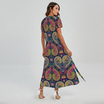 Colorful Boho Paisley Pattern Print Short Sleeve Maxi Dress