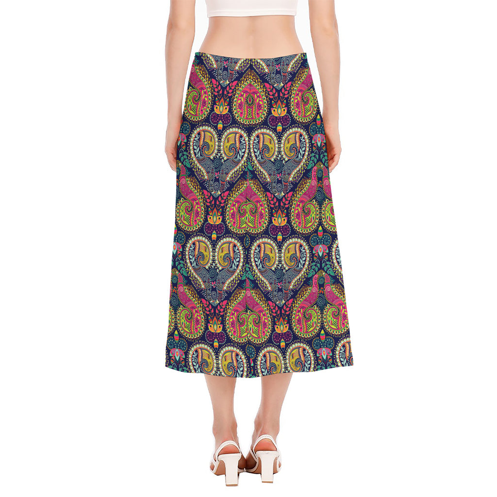 Colorful Boho Paisley Pattern Print Side Slit Midi Skirt