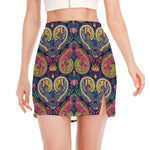 Colorful Boho Paisley Pattern Print Side Slit Mini Skirt