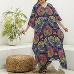 Colorful Boho Paisley Pattern Print Silk V-Neck Kaftan Dress