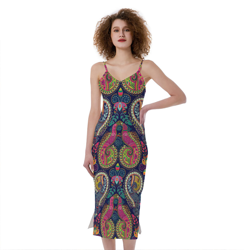 Colorful Boho Paisley Pattern Print Slim Fit Midi Cami Dress