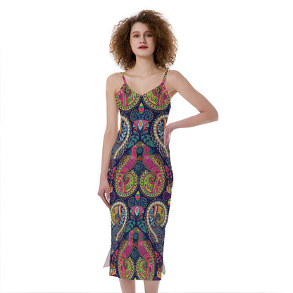 Colorful Boho Paisley Pattern Print Slim Fit Midi Cami Dress