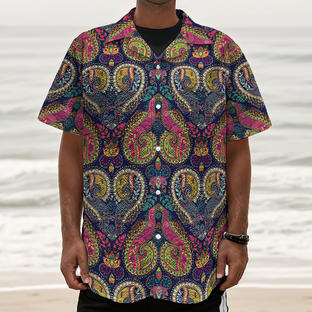 Colorful Boho Paisley Pattern Print Textured Short Sleeve Shirt