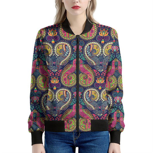 Colorful Boho Paisley Pattern Print Women's Bomber Jacket
