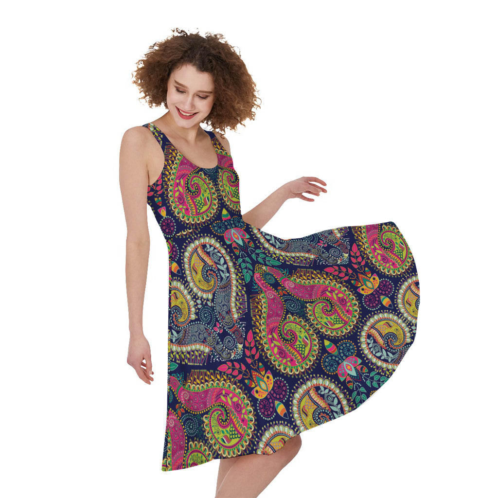 Colorful Boho Paisley Pattern Print Women's Sleeveless Dress