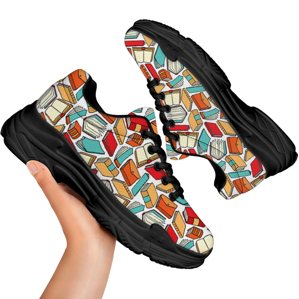 Colorful Books Pattern Print Black Chunky Shoes
