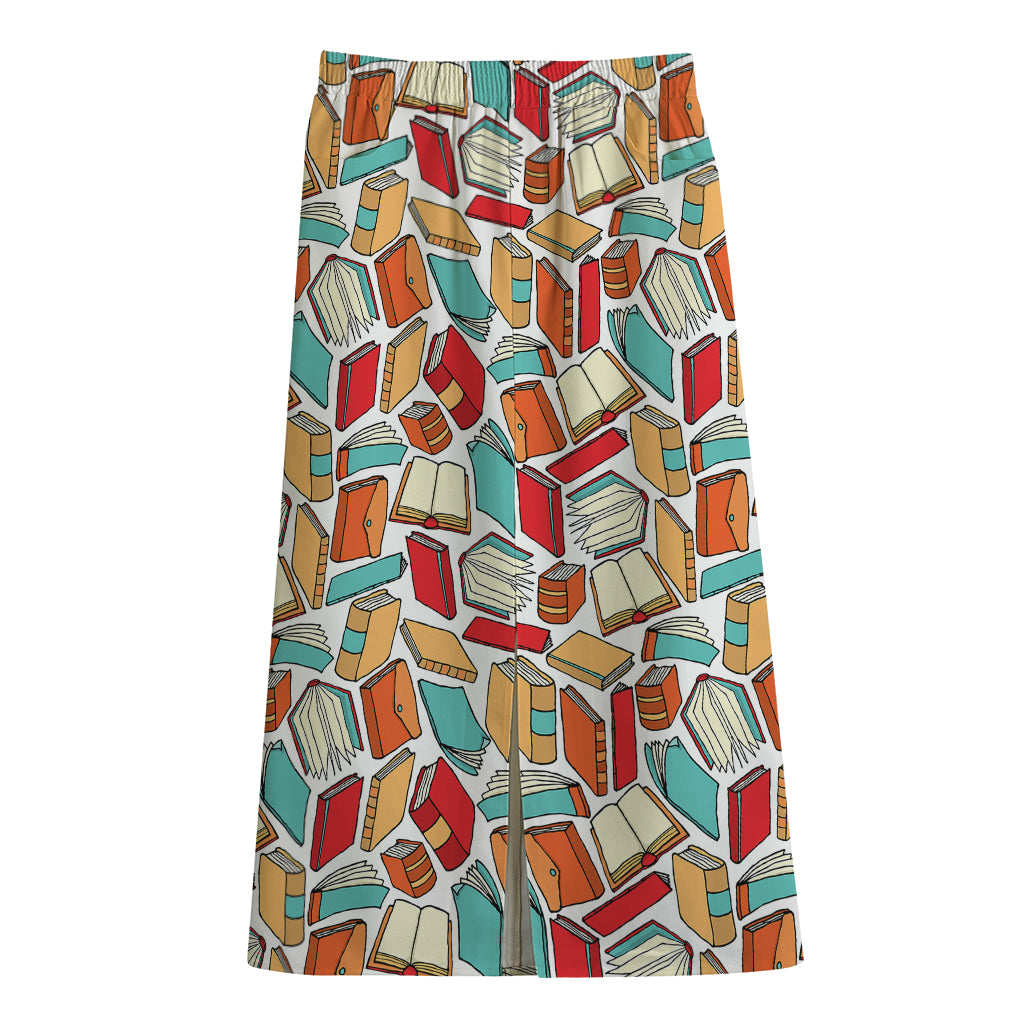 Colorful Books Pattern Print Cotton Front Slit Maxi Skirt