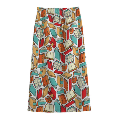 Colorful Books Pattern Print Cotton Front Slit Maxi Skirt