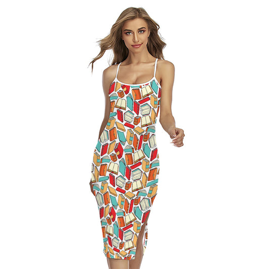 Colorful Books Pattern Print Cross Back Cami Dress