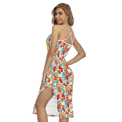 Colorful Books Pattern Print Cross Back Cami Dress