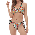 Colorful Books Pattern Print Halter Scoop Tie Side Bikini