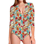 Colorful Books Pattern Print Long Sleeve Swimsuit