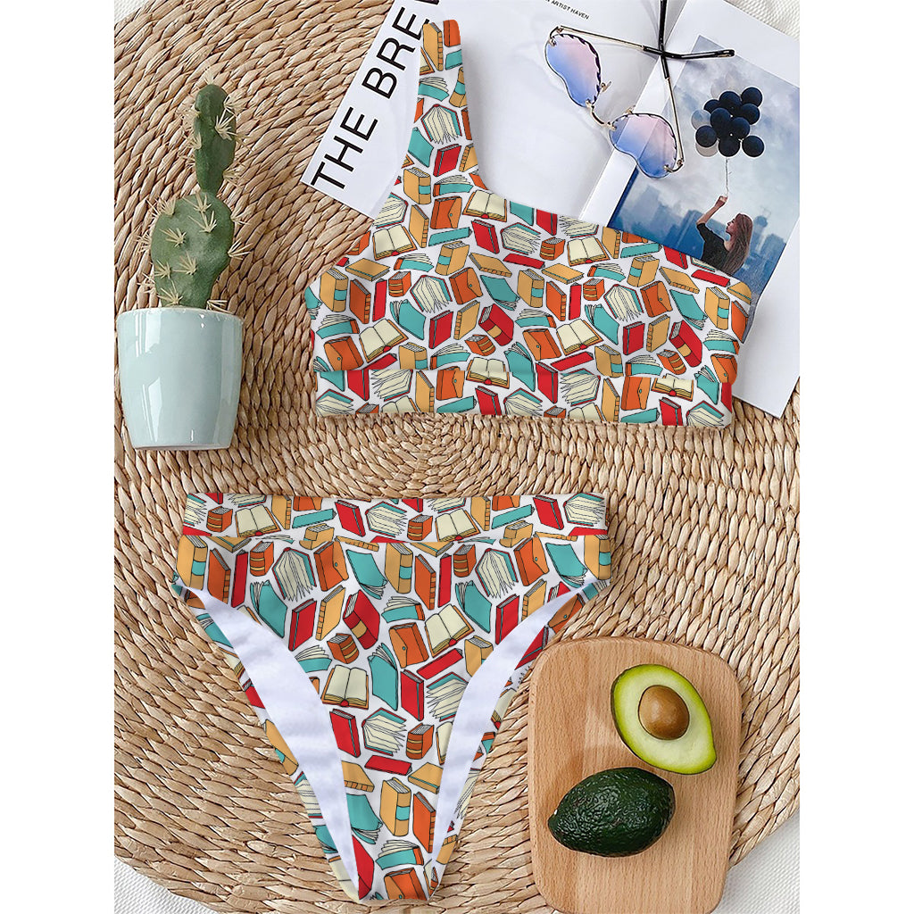 Colorful Books Pattern Print One Shoulder Bikini Top