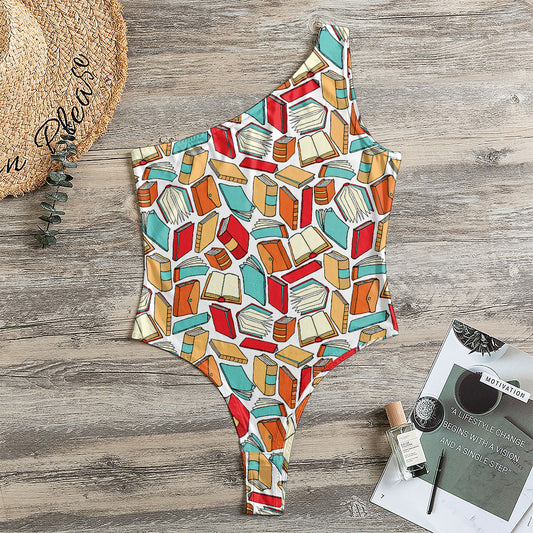 Colorful Books Pattern Print One Shoulder Bodysuit