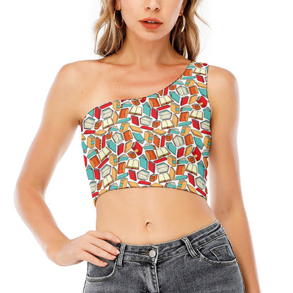 Colorful Books Pattern Print One Shoulder Crop Top