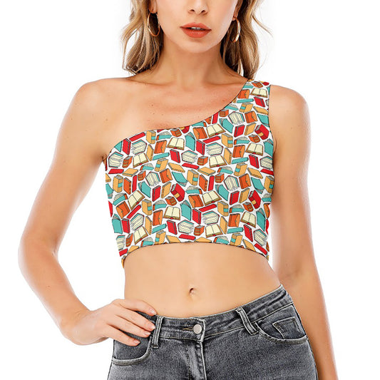 Colorful Books Pattern Print One Shoulder Crop Top