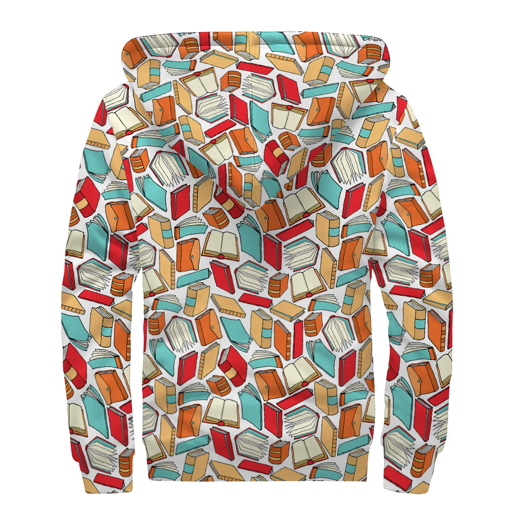 Colorful Books Pattern Print Sherpa Lined Zip Up Hoodie