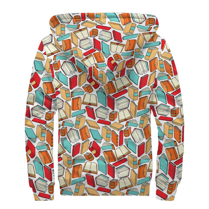 Colorful Books Pattern Print Sherpa Lined Zip Up Hoodie