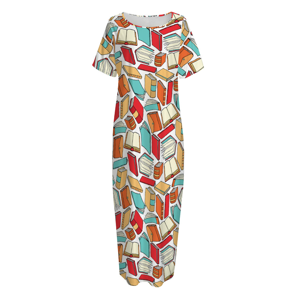 Colorful Books Pattern Print Short Sleeve Long Nightdress