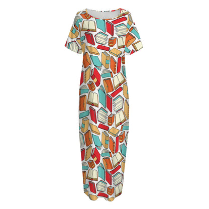Colorful Books Pattern Print Short Sleeve Long Nightdress