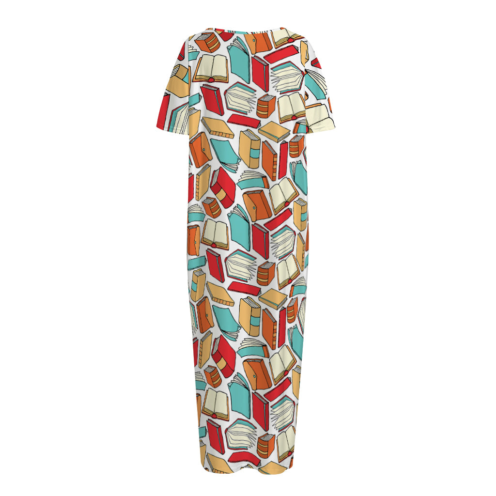 Colorful Books Pattern Print Short Sleeve Long Nightdress