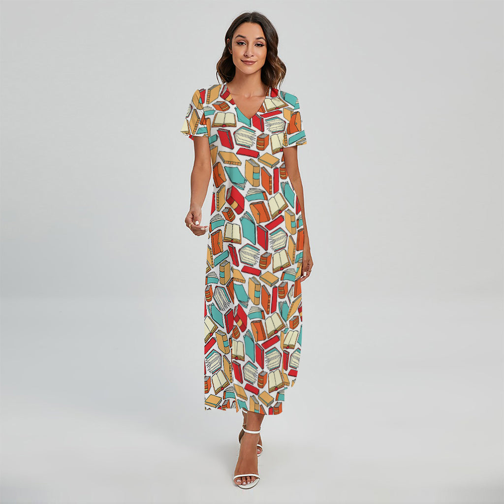 Colorful Books Pattern Print Short Sleeve Maxi Dress