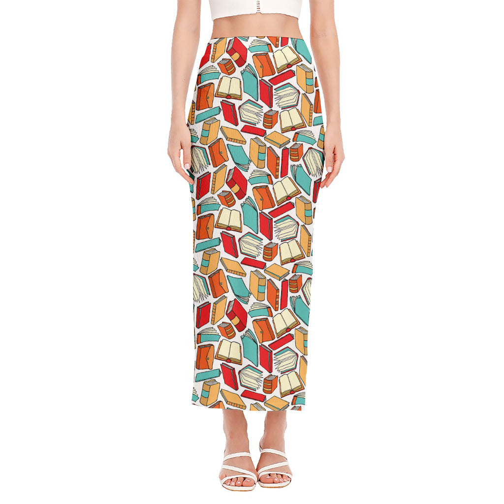 Colorful Books Pattern Print Side Slit Maxi Skirt