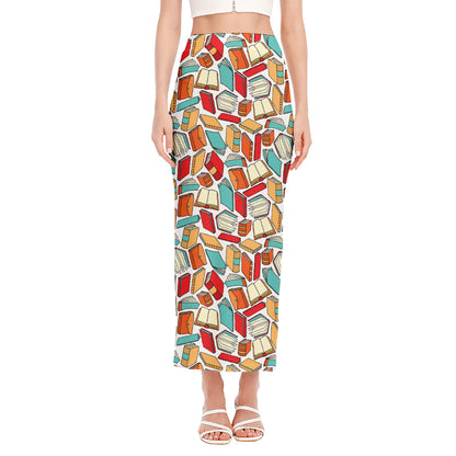 Colorful Books Pattern Print Side Slit Maxi Skirt