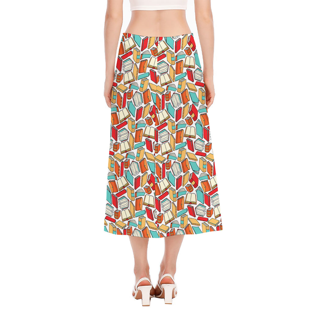 Colorful Books Pattern Print Side Slit Midi Skirt