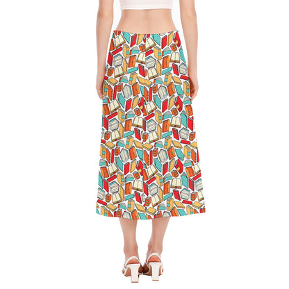 Colorful Books Pattern Print Side Slit Midi Skirt