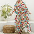 Colorful Books Pattern Print Silk V-Neck Kaftan Dress