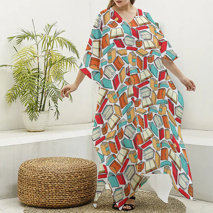 Colorful Books Pattern Print Silk V-Neck Kaftan Dress
