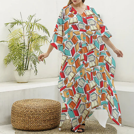 Colorful Books Pattern Print Silk V-Neck Kaftan Dress