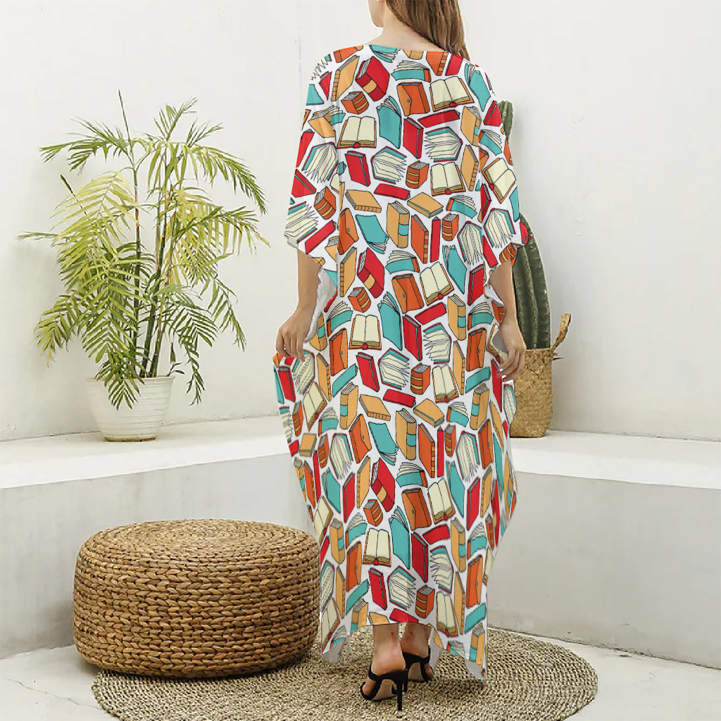 Colorful Books Pattern Print Silk V-Neck Kaftan Dress