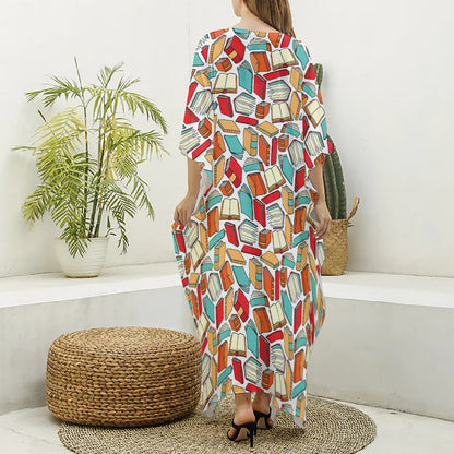 Colorful Books Pattern Print Silk V-Neck Kaftan Dress