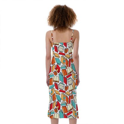 Colorful Books Pattern Print Slim Fit Midi Cami Dress