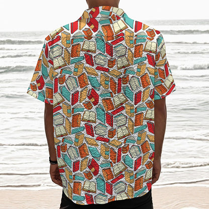 Colorful Books Pattern Print Textured Short Sleeve Shirt