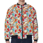 Colorful Books Pattern Print Zip Sleeve Bomber Jacket