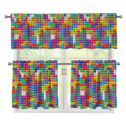Colorful Brick Puzzle Game Pattern Print 3 Piece Kitchen Curtains