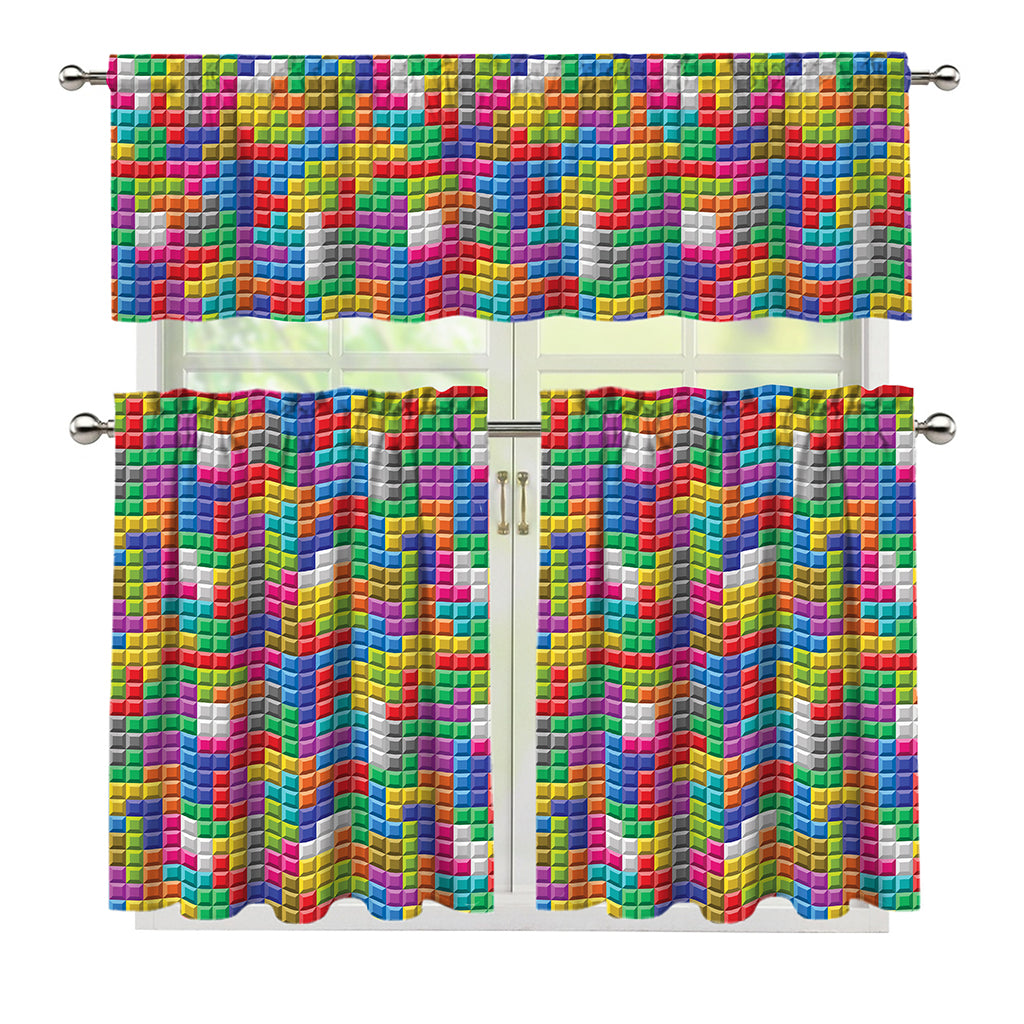 Colorful Brick Puzzle Game Pattern Print 3 Piece Kitchen Curtains