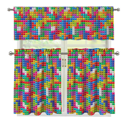 Colorful Brick Puzzle Game Pattern Print 3 Piece Kitchen Curtains