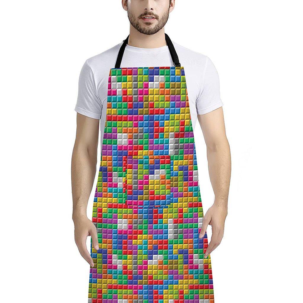 Colorful Brick Puzzle Game Pattern Print Bib Apron With Pocket