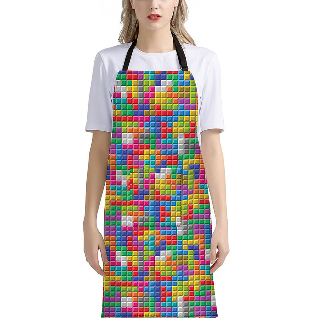Colorful Brick Puzzle Game Pattern Print Bib Apron With Pocket