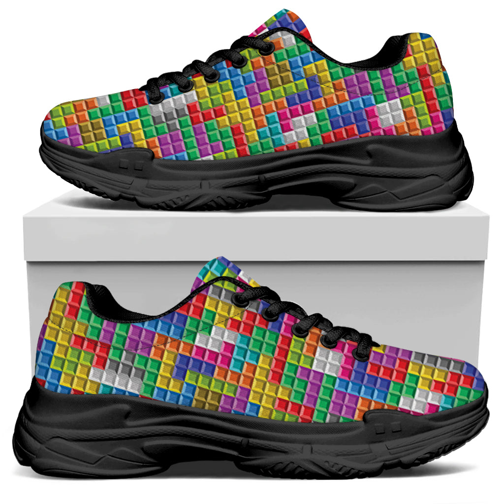 Colorful Brick Puzzle Game Pattern Print Black Chunky Shoes