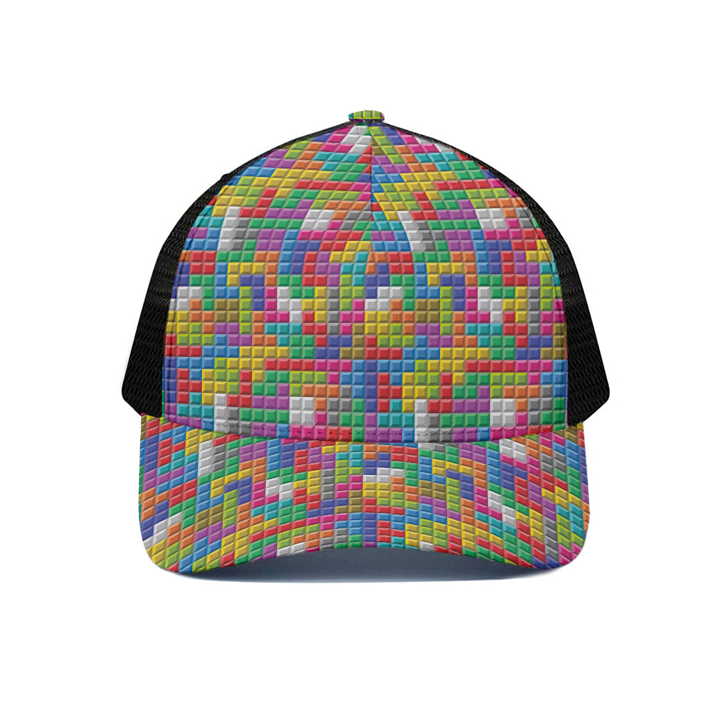 Colorful Brick Puzzle Game Pattern Print Black Mesh Trucker Cap