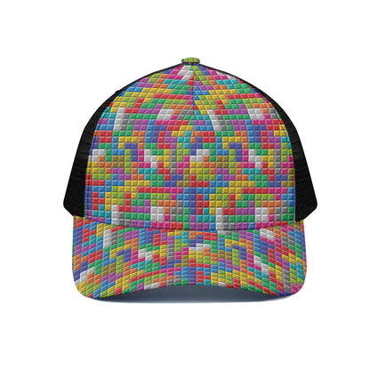Colorful Brick Puzzle Game Pattern Print Black Mesh Trucker Cap