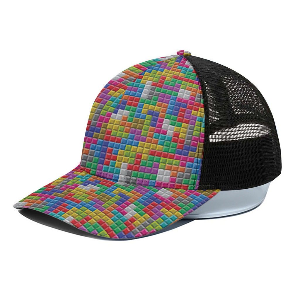 Colorful Brick Puzzle Game Pattern Print Black Mesh Trucker Cap