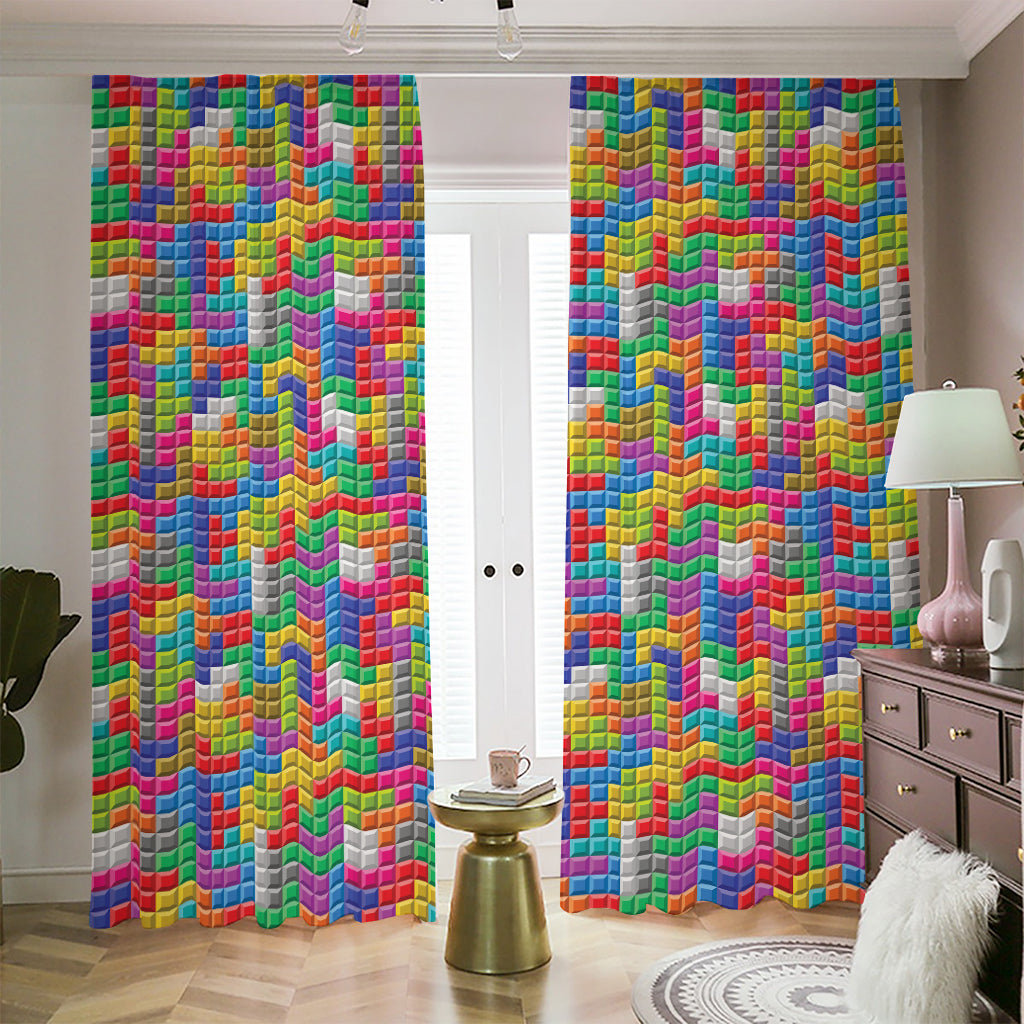 Colorful Brick Puzzle Game Pattern Print Blackout Pencil Pleat Curtains