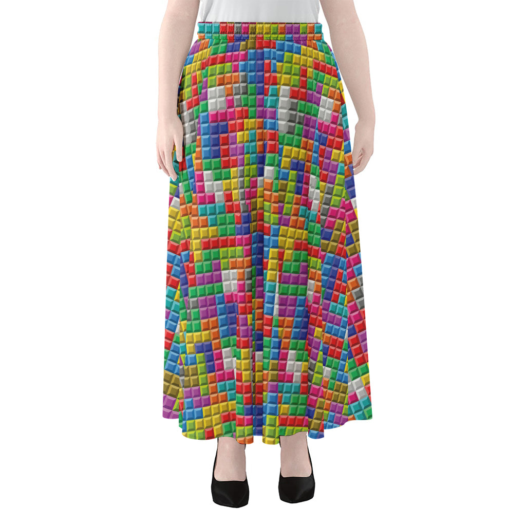 Colorful Brick Puzzle Game Pattern Print Chiffon Maxi Skirt