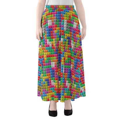 Colorful Brick Puzzle Game Pattern Print Chiffon Maxi Skirt
